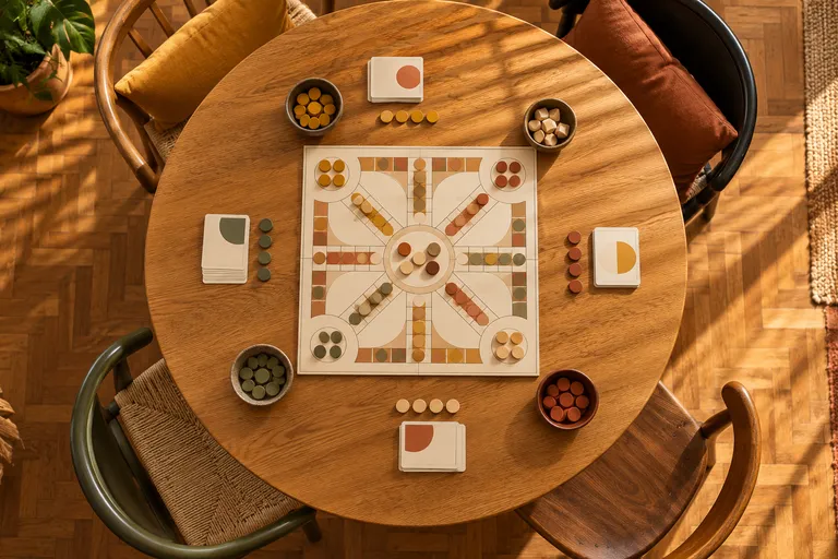 A round timber table arranged with an abstract board game and four places