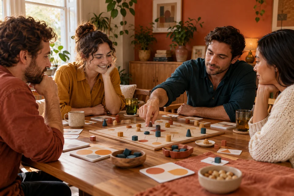 Four friends share a calm game around a timber dining table