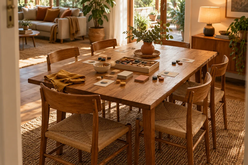 A prepared dining room with a clear table and six chairs