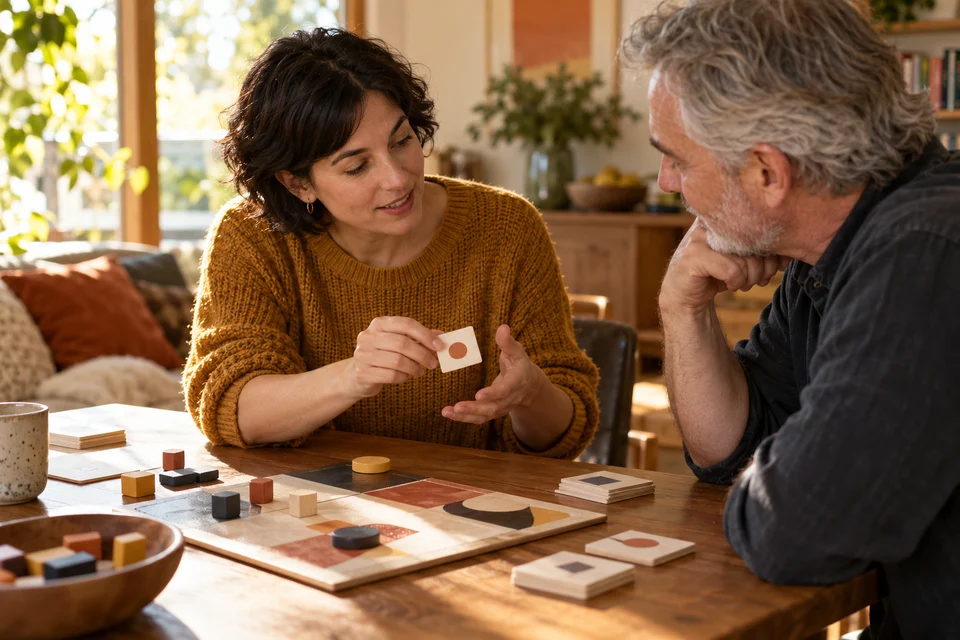 One player explains a game tile to another across the table