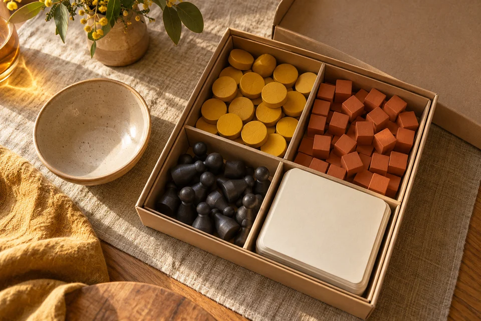 Wooden counters, pawns and cards sorted in a plain game box