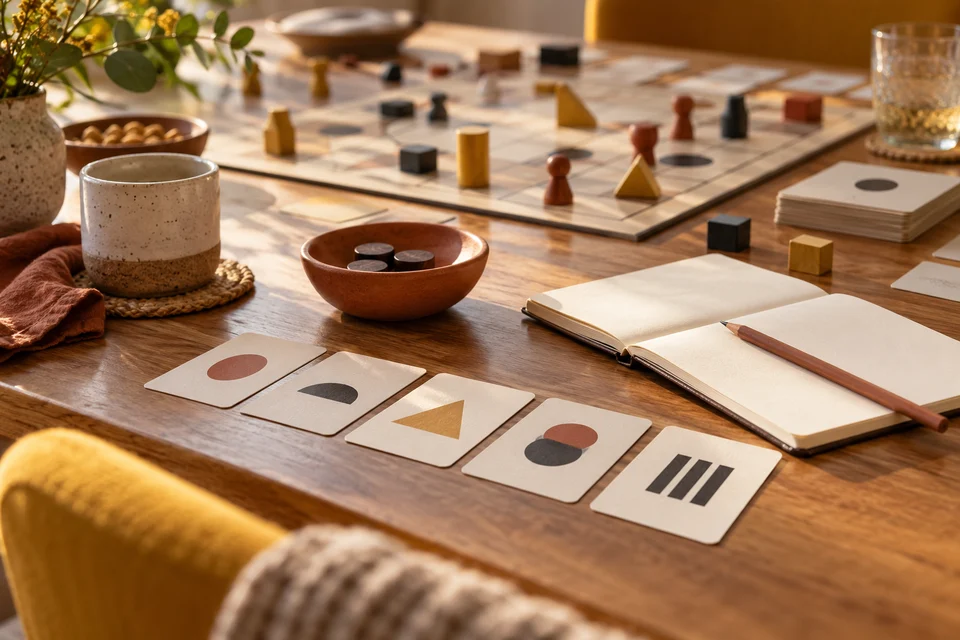An individual place with cards, a counter bowl and a blank notebook