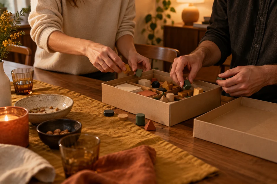 Two players sort game pieces into their box at the end of an evening